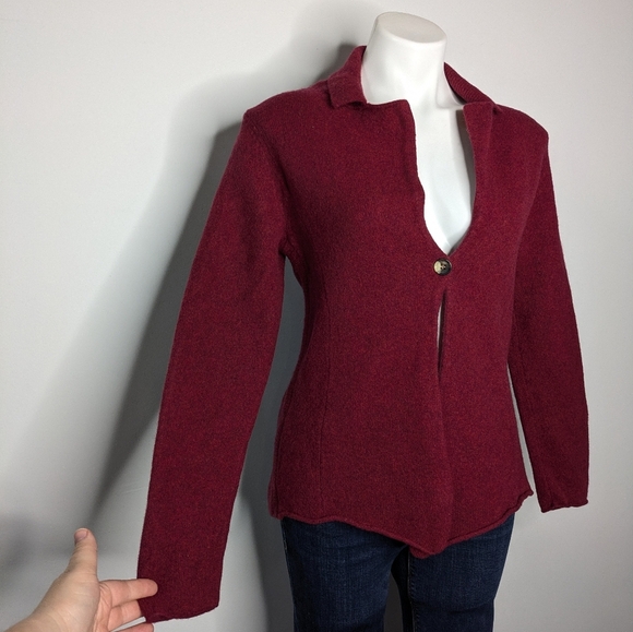 Eileen Fisher Burn Red Boiled Wool Blend Button Up Cardigan Sweater LP - Picture 4 of 8